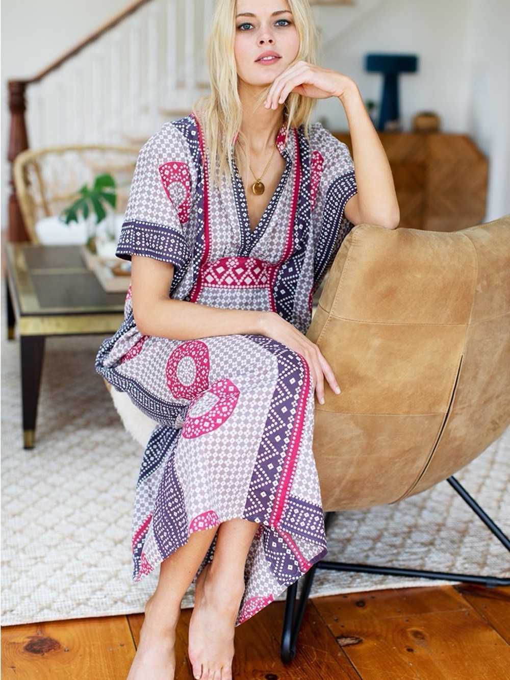 Emerson Fry caftan in butterfly Indian block print